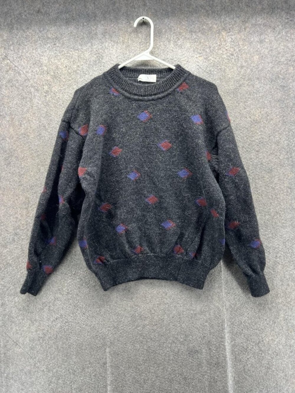 Valentino Uomo Sweater Mens Large Gray Crewneck Pullover Geometric Knit Vintage